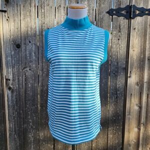 Vintage 80s Idioms Striped Mock Neck Top Teal Blue White Sleeveless Knit Large